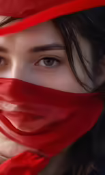 a woman with a red cloth covering her face