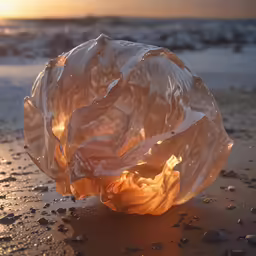 the plastic trash bag on a beach is covered in water