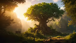 an old tree stands in the middle of the woods,the sun is shining through the trees and grass