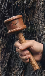 a person holding a hammer with writing on it