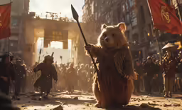 the bear from war is holding a spear in its paws