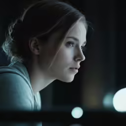 a woman looks out the window in a darkened room