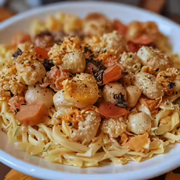 a dish of shells and vegetables over pasta