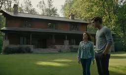 two people standing outside of a house looking at something