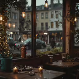 tables with candles lit next to a window