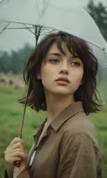 a woman holding an umbrella is standing in a field