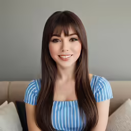 woman in blue shirt sitting on sofa smiling