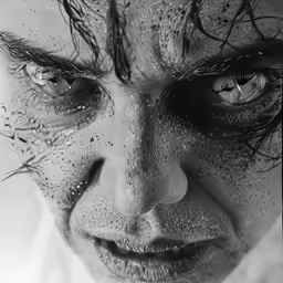 black and white photograph of man in rain covered skin
