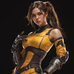 a woman in a yellow suit holding a black object