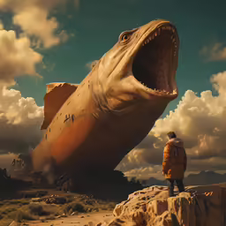 man with mouth wide open looking at giant dinosaur