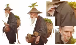 three photos of an elderly man wearing hat and carrying items