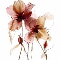 three flowers with different colored petals against a white background