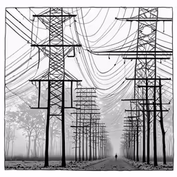 a long line of wires are in the sky