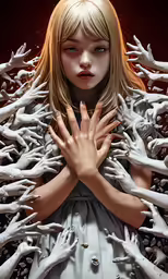a lady with many hands in front of her