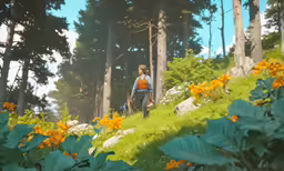 a man walks through the woods in the sunlight