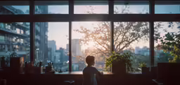 a child looking out a window at a sunset