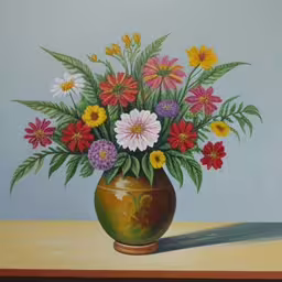 a painting of a green vase with flowers,a painting of colorful flowers in a vase