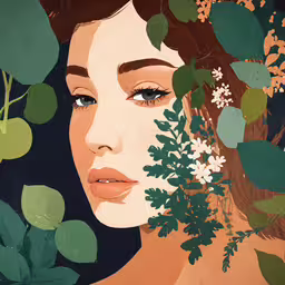 a woman with flowers and leaves around her neck,an illustration of a woman