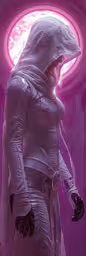 a futuristic woman is standing outside in white,a female in white is standing next to a pink light