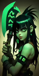 a drawing of a young girl holding a green umbrella