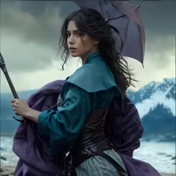 a woman with an umbrella standing on a beach