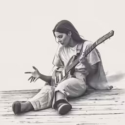 a woman in white is playing a guitar