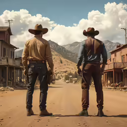 two cowboys wearing western outfits and hats standing on the street