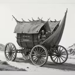 an old fashioned carriage is shown parked on a dirt road