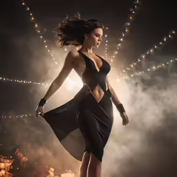a beautiful young woman in a sexy black dress on fire