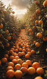 oranges on trees and one has fallen over with the sun peeking through