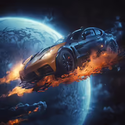 a gold car is flying over a planet