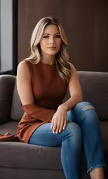 the woman is sitting on a sofa and looking at the camera