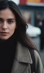 a woman walking down the street wearing a green coat