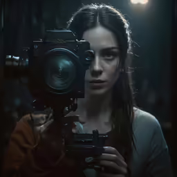 a woman with camera in dark room