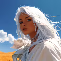 a woman with white hair wearing a dress