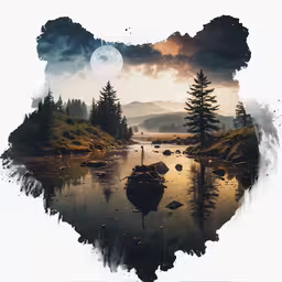 watercolor painting of tree and rock area at sunset,there are some water and trees in the woods