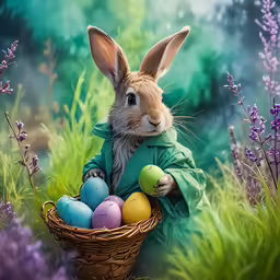a painting of a rabbit holding an easter basket with painted eggs