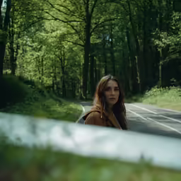 the woman stands by herself looking out over the road
