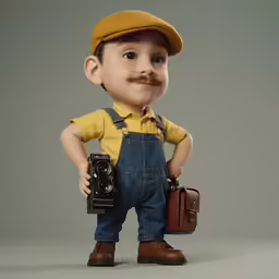 the doll is a small boy with a suitcase and hat