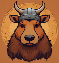 a picture with a bull wearing a helmet,a drawing of a bison with a viking helmet