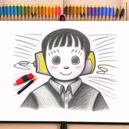 the pencils are next to a drawing of a boy with headphones,this is an easy drawing of a person talking on a cell phone