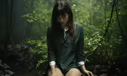 the woman is sitting down in the woods