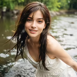 a woman in white posing for a photo by the water