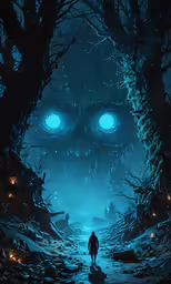 an image of a man standing alone with eyes glowing above him