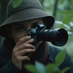 a woman with a hat taking a photo