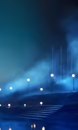 a bunch of street lights in the fog