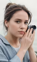 a woman holding something in her right hand