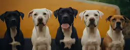 five dogs looking up to the camera with one panting