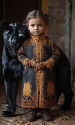 small child holding cat wearing black coat next to animal
