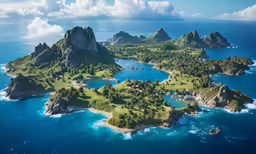 an island is next to some large rocks